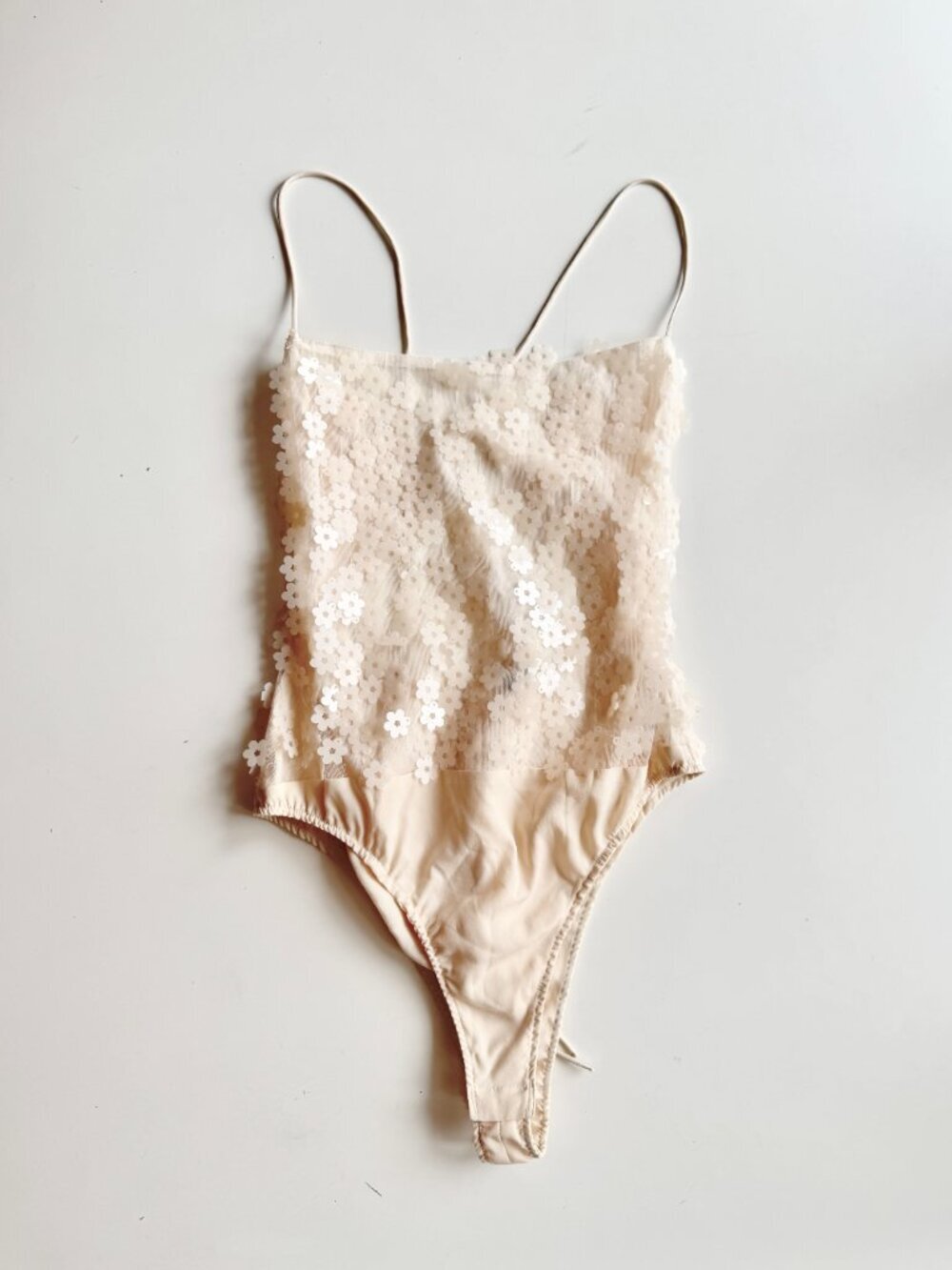ZARA Cream Beige Floral Sequin Pailette Criss Cross Back Thong Bodysuit, Size M